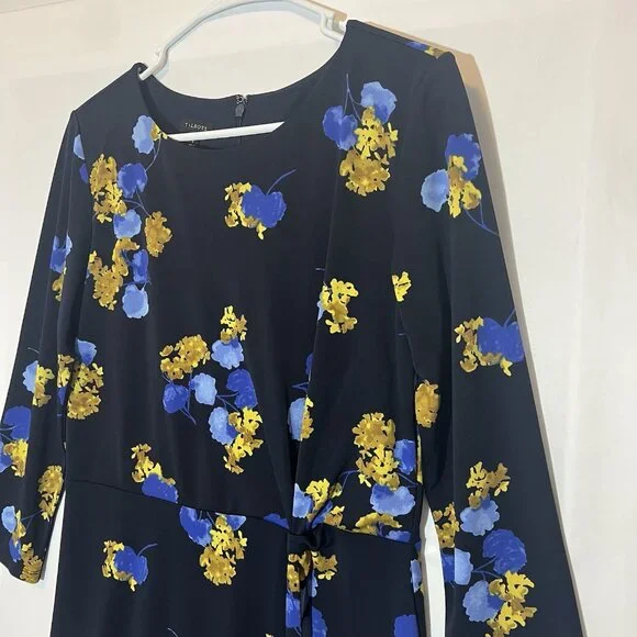 TALBOTS Women’s Midi Dress Size 8 FLORAL JERSEY TWIST FIT & FLARE Blue Stretch - Picture 9 of 12